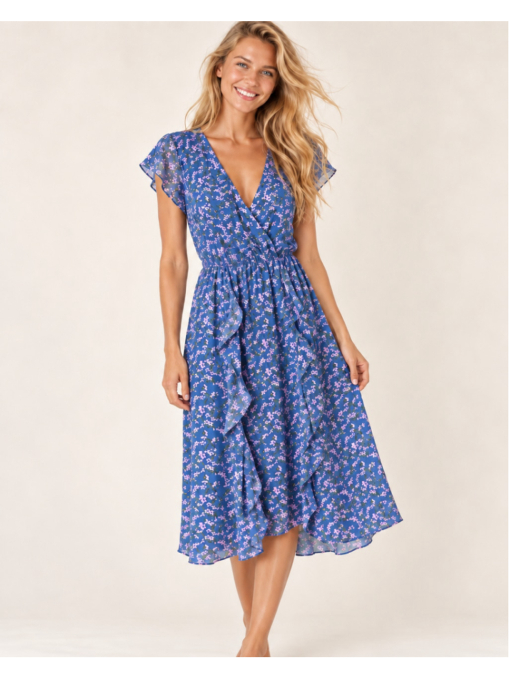 Dip Floral Wrap Midi Dress Blue Ruffle Romantic Cottagecore Feminine Coquette
